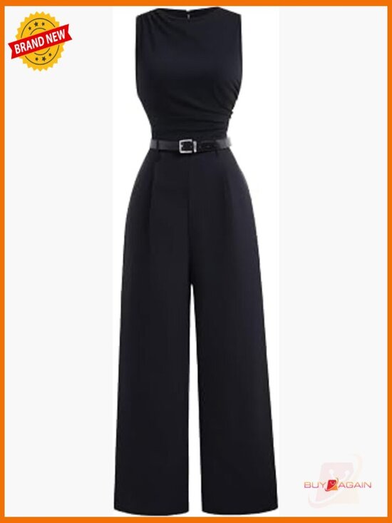 Pants - Sleeveless Ruched Jumpsuit with Belt Wide Leg Office Romper